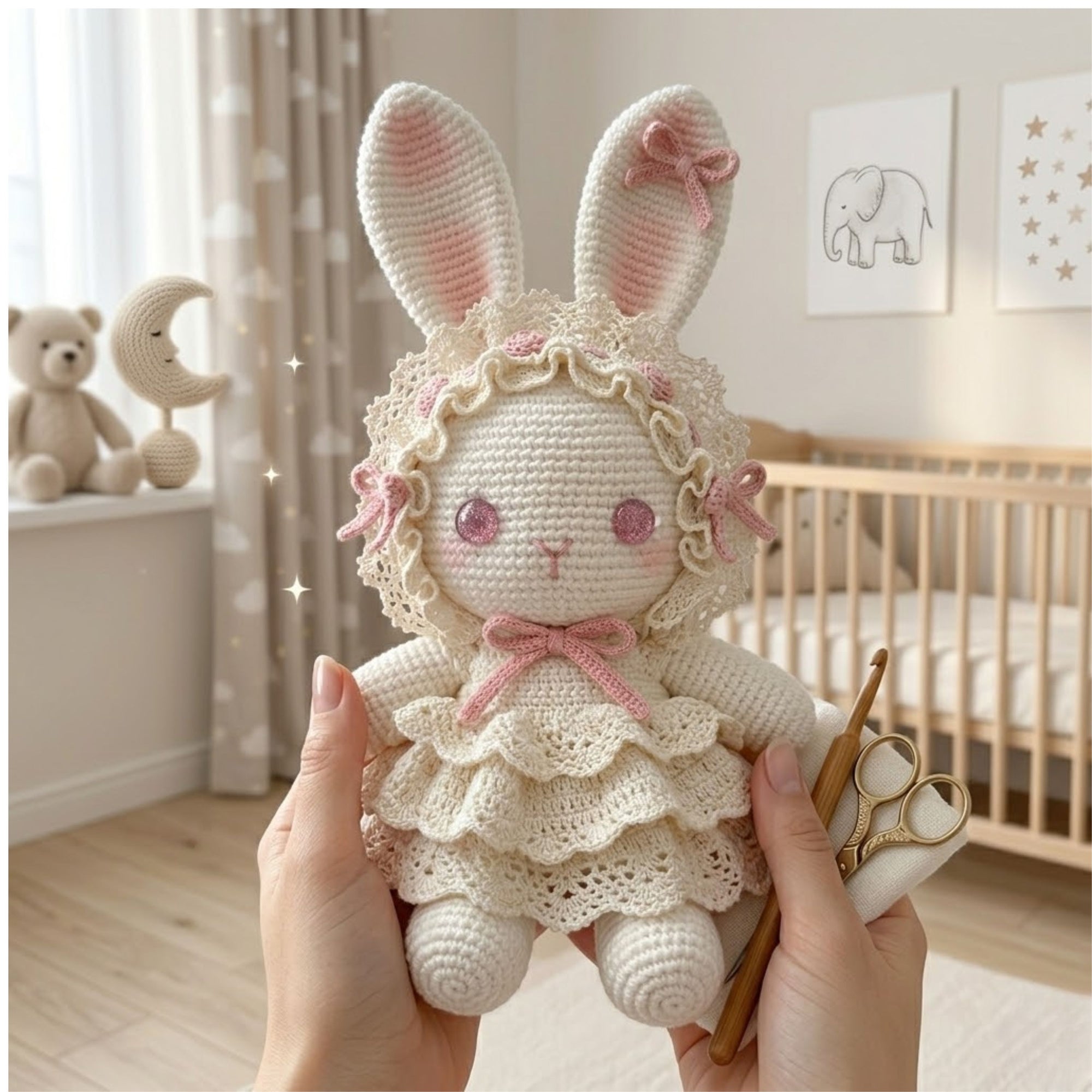 Handmade Crochet Bunny Doll Plush, Amigurumi Rabbit in Lace Dress, Kawaii Yarn Gift Toy for Kids, Nursery, Room Decor Decor