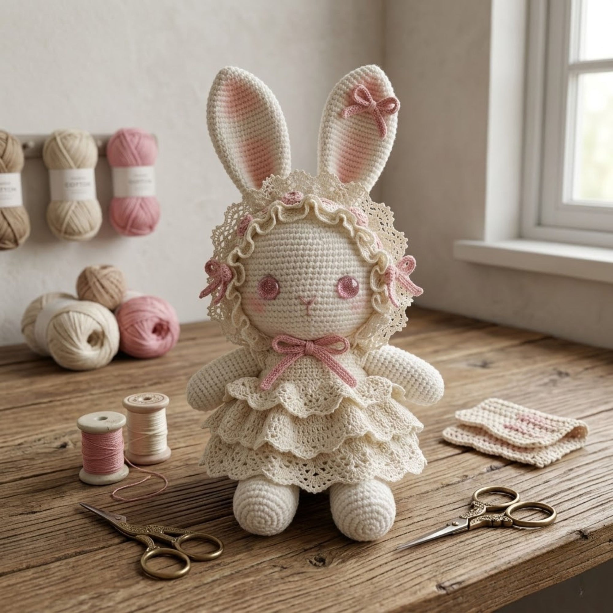 Handmade Crochet Bunny Doll Plush, Amigurumi Rabbit in Lace Dress, Kawaii Yarn Gift Toy for Kids, Nursery, Room Decor Decor