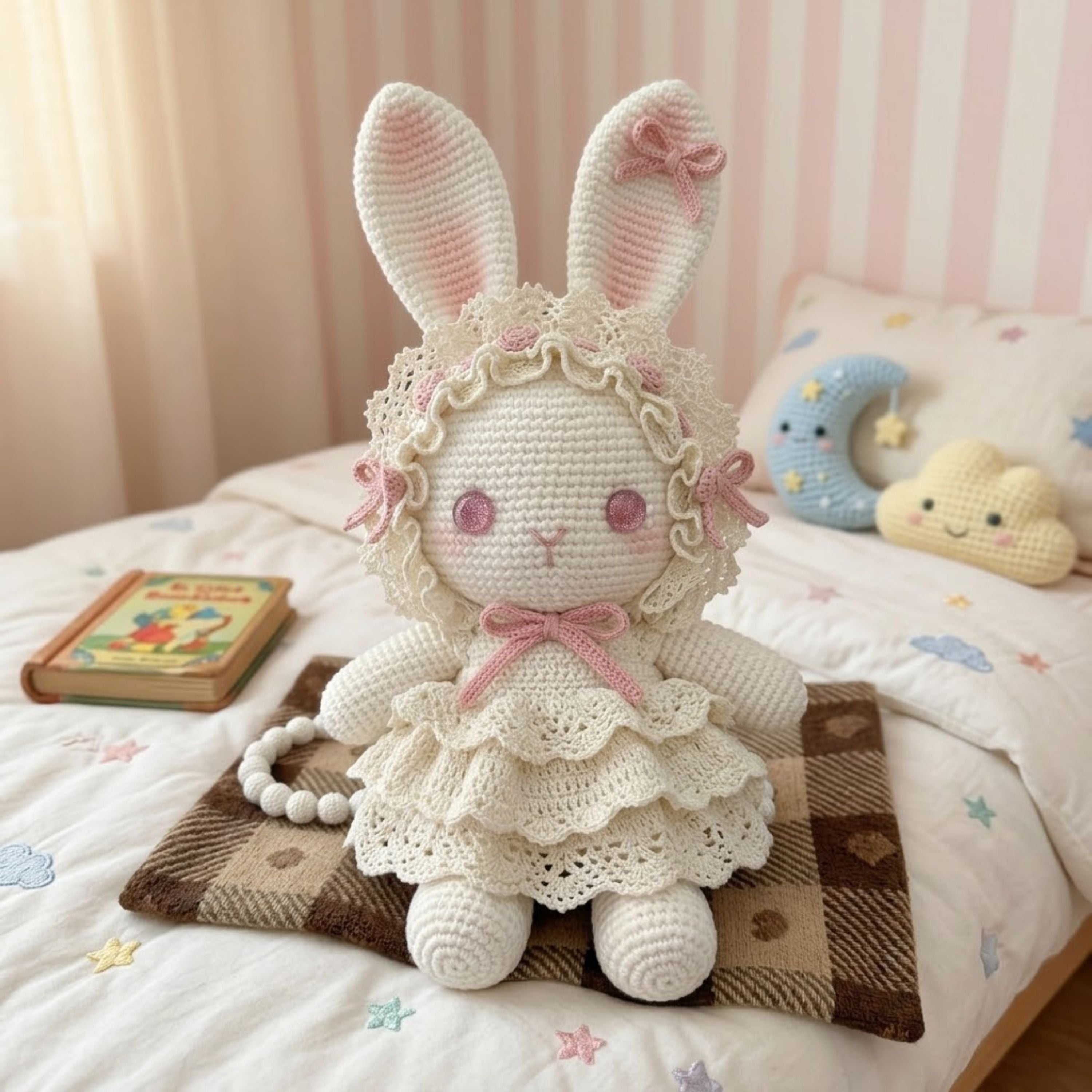 Handmade Crochet Bunny Doll Plush, Amigurumi Rabbit in Lace Dress, Kawaii Yarn Gift Toy for Kids, Nursery, Room Decor Decor