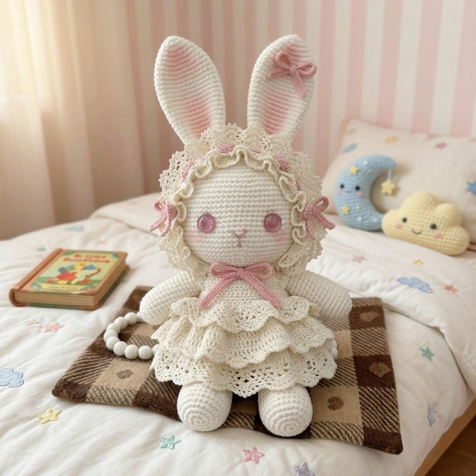 Handmade Crochet Bunny Doll Plush, Amigurumi Rabbit in Lace Dress, Kawaii Yarn Gift Toy for Kids, Nursery, Room Decor Decor