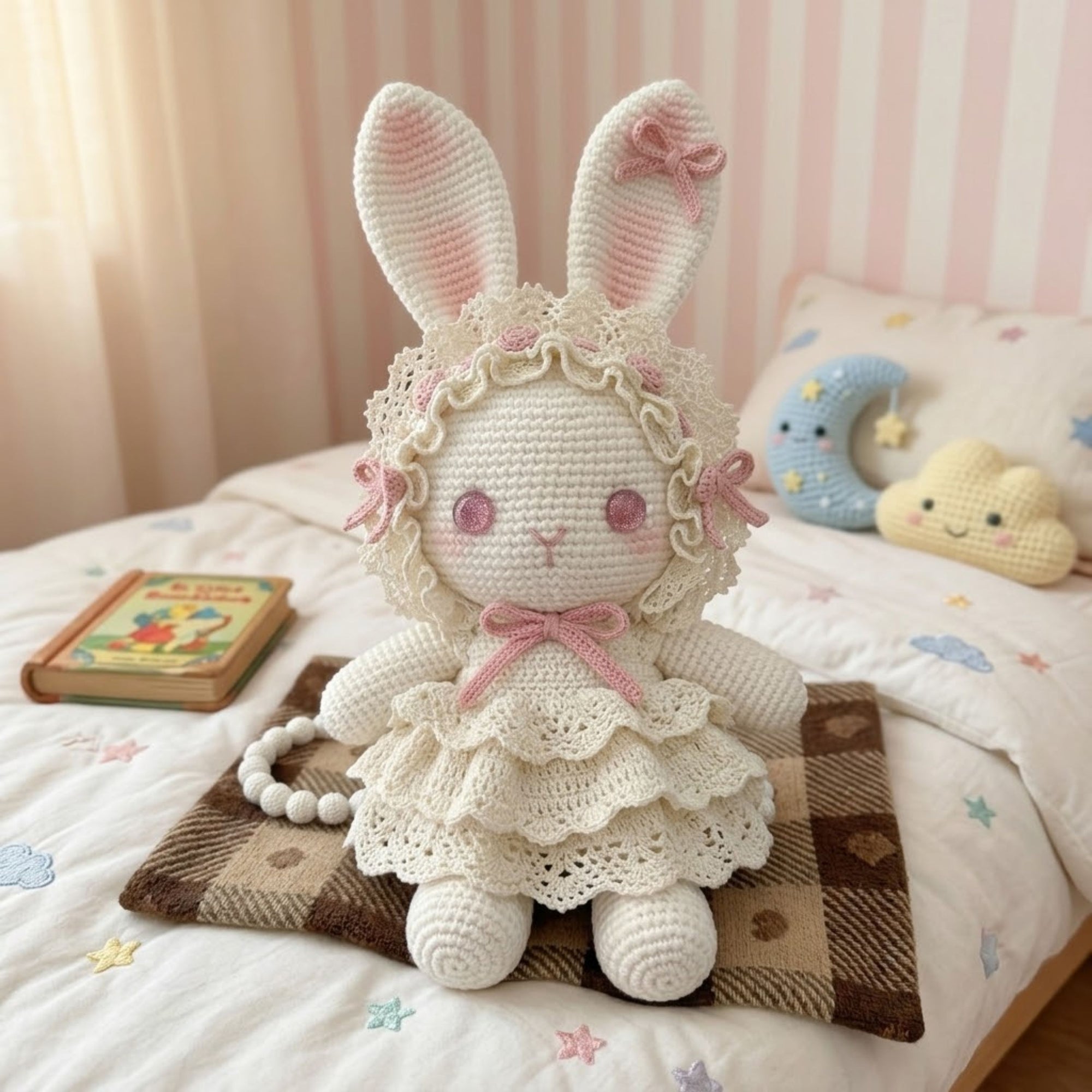 Handmade Crochet Bunny Doll Plush, Amigurumi Rabbit in Lace Dress, Kawaii Yarn Gift Toy for Kids, Nursery, Room Decor Decor