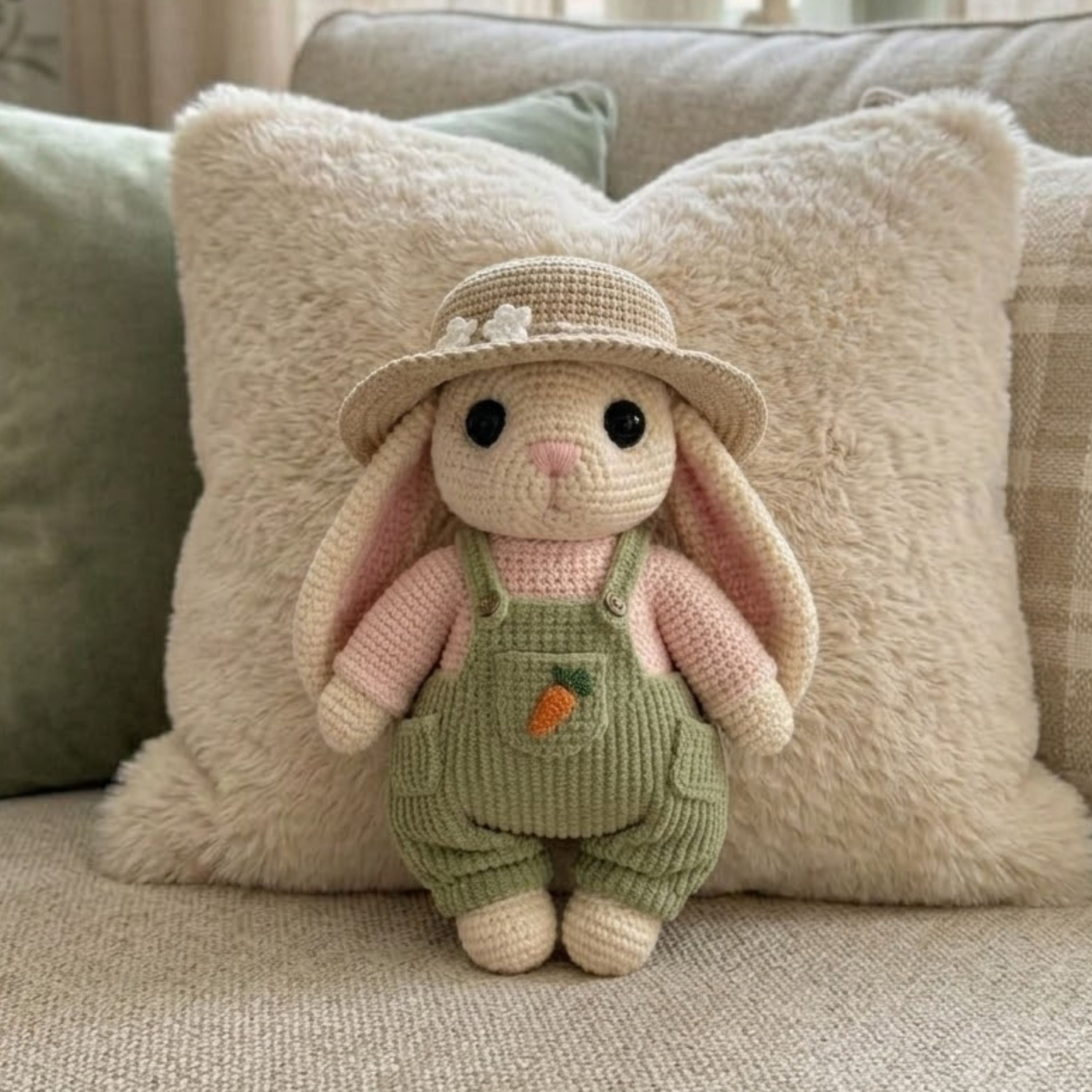 Handmade Crochet Bunny Doll Plush, Amigurumi Rabbit in Overalls and Hat, Soft Yarn Gift Toy for Kids, Nursery, Farm Room Decor