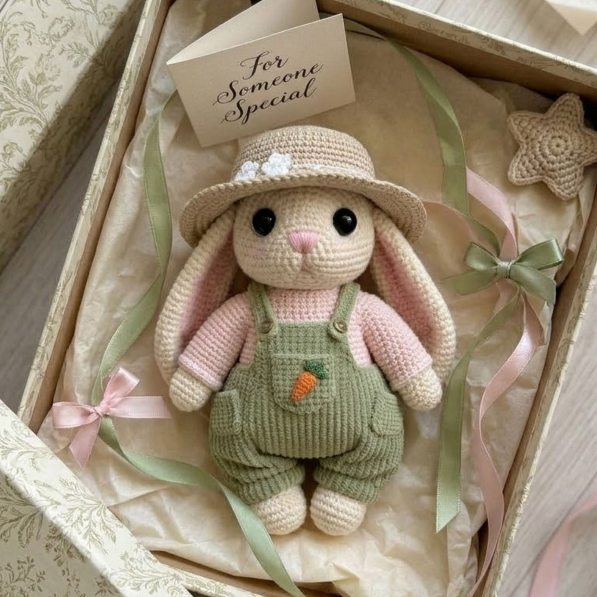Handmade Crochet Bunny Doll Plush, Amigurumi Rabbit in Overalls and Hat, Soft Yarn Gift Toy for Kids, Nursery, Farm Room Decor