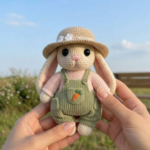 Handmade Crochet Bunny Doll Plush, Amigurumi Rabbit in Overalls and Hat, Soft Yarn Gift Toy for Kids, Nursery, Farm Room Decor
