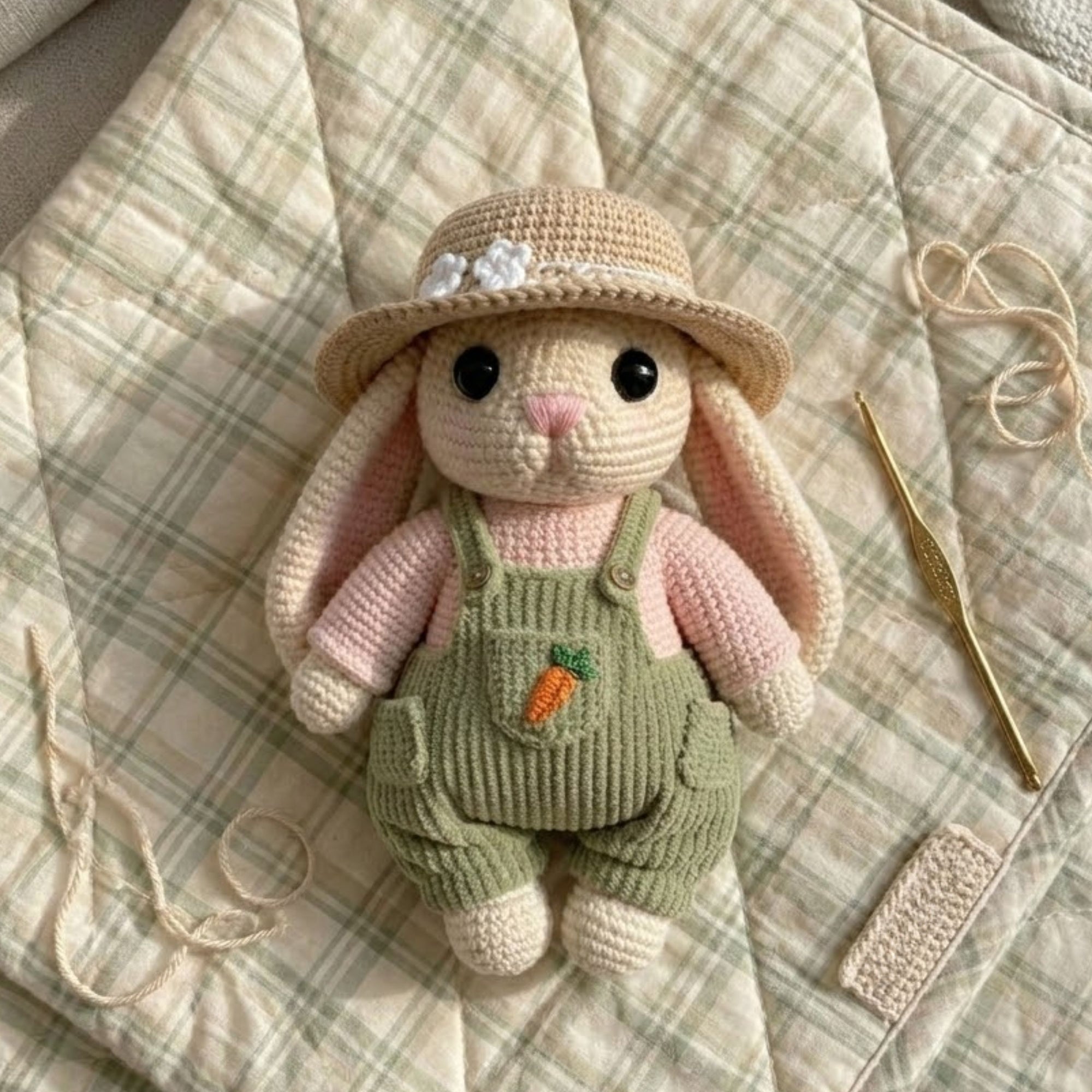 Handmade Crochet Bunny Doll Plush, Amigurumi Rabbit in Overalls and Hat, Soft Yarn Gift Toy for Kids, Nursery, Farm Room Decor