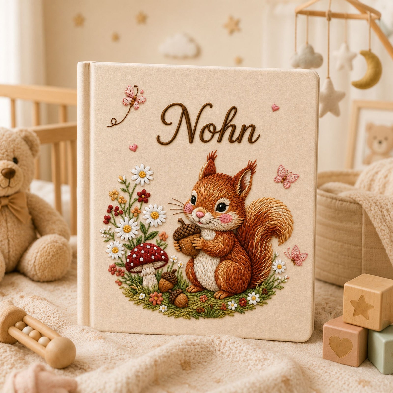 Personalized Embroidered Squirrel Baby Photo Album, Custom Name Floral Woodland Animal Memory Book, Custom Newborn Album Baby Shower Gift