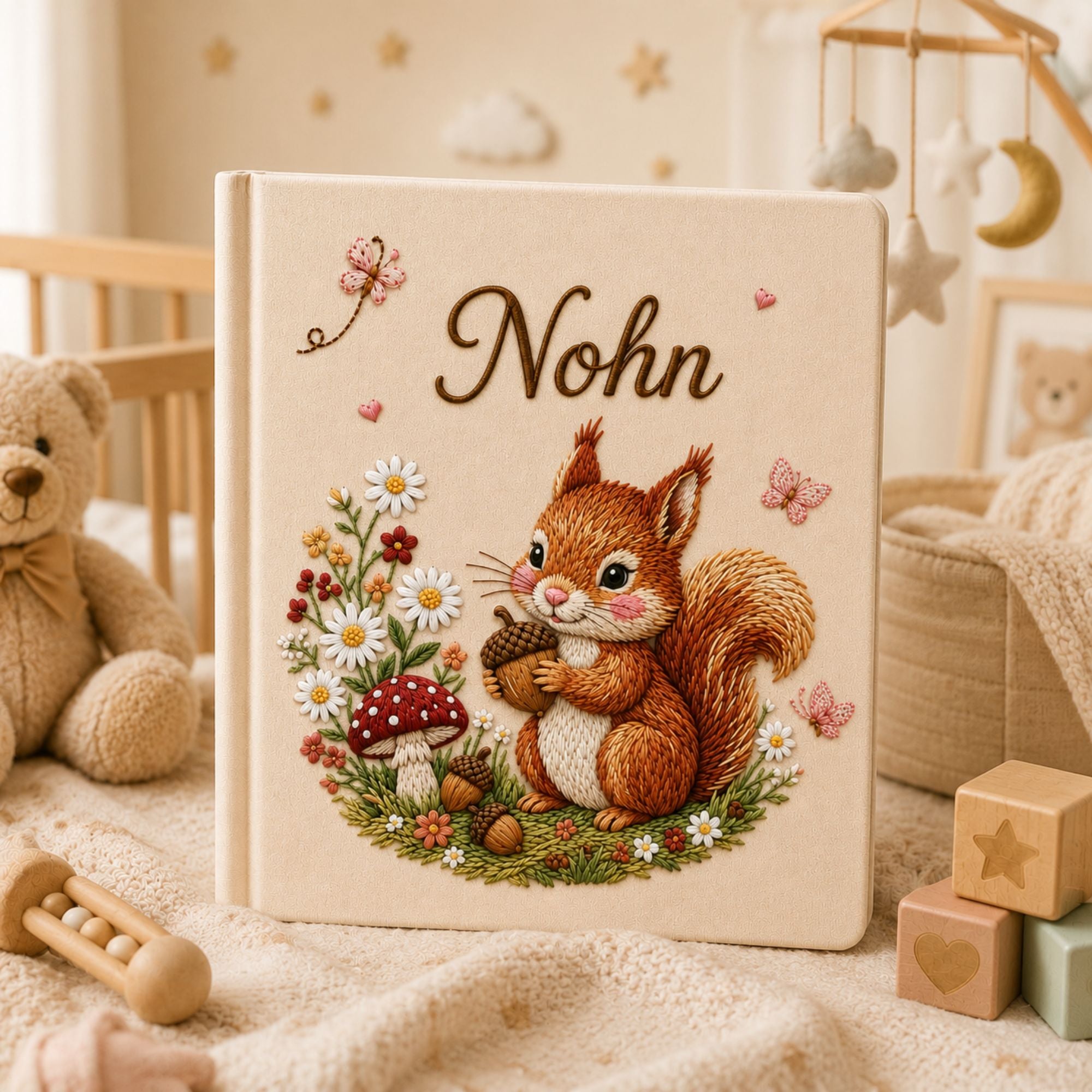 Personalized Embroidered Squirrel Baby Photo Album, Custom Name Floral Woodland Animal Memory Book, Custom Newborn Album Baby Shower Gift