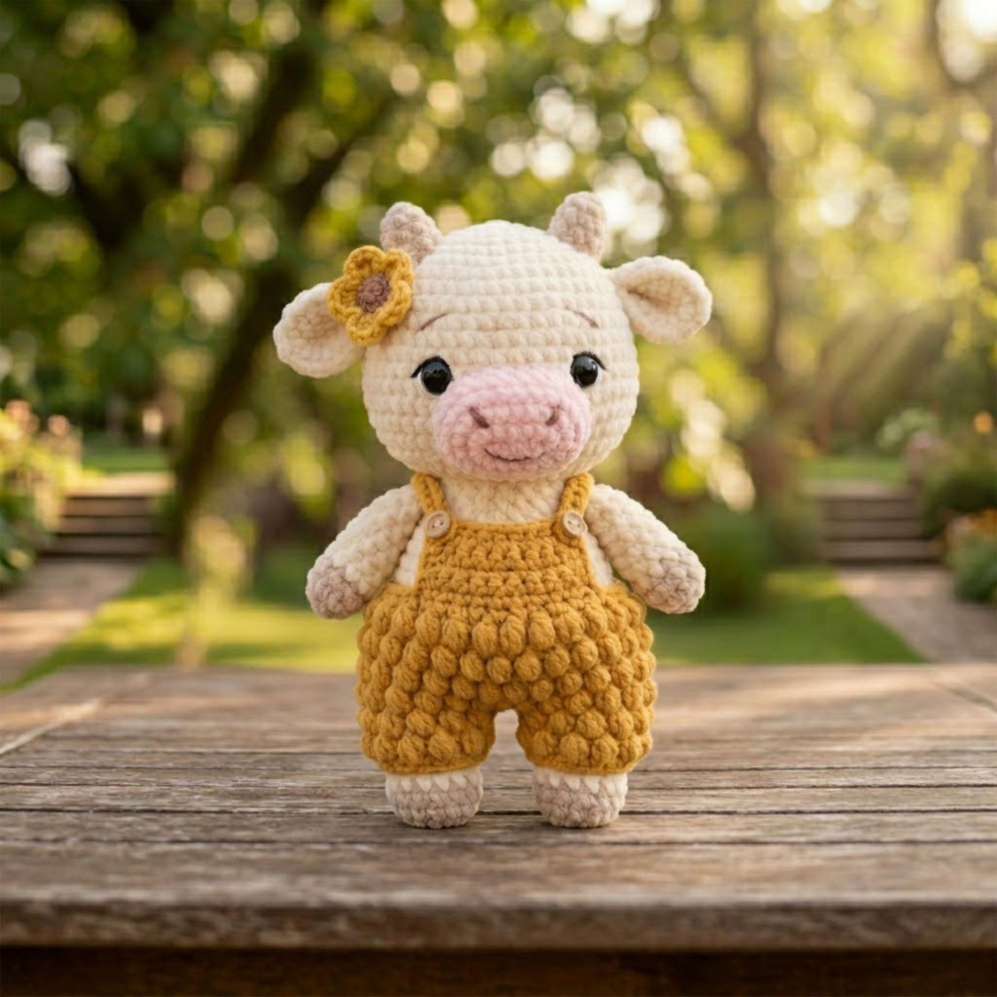 Handmade Crochet Cow Plush, Amigurumi Farm Animal Doll in Mustard Overalls, Soft Yarn Gift Toy for Kids, Nursery, Room Decor