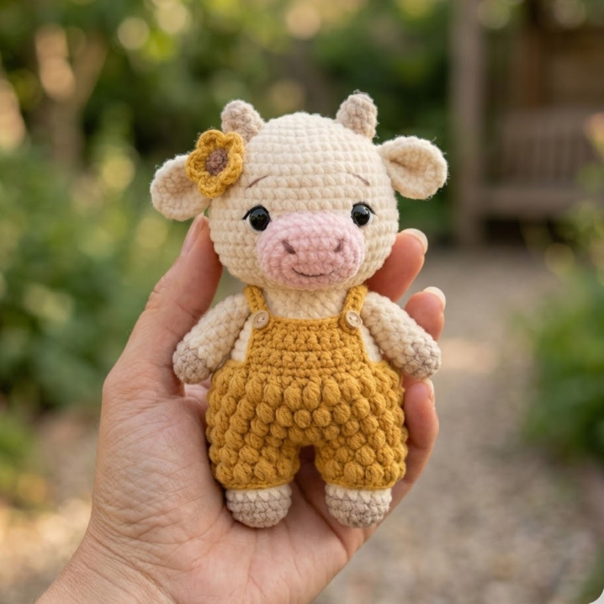 Handmade Crochet Cow Plush, Amigurumi Farm Animal Doll in Mustard Overalls, Soft Yarn Gift Toy for Kids, Nursery, Room Decor