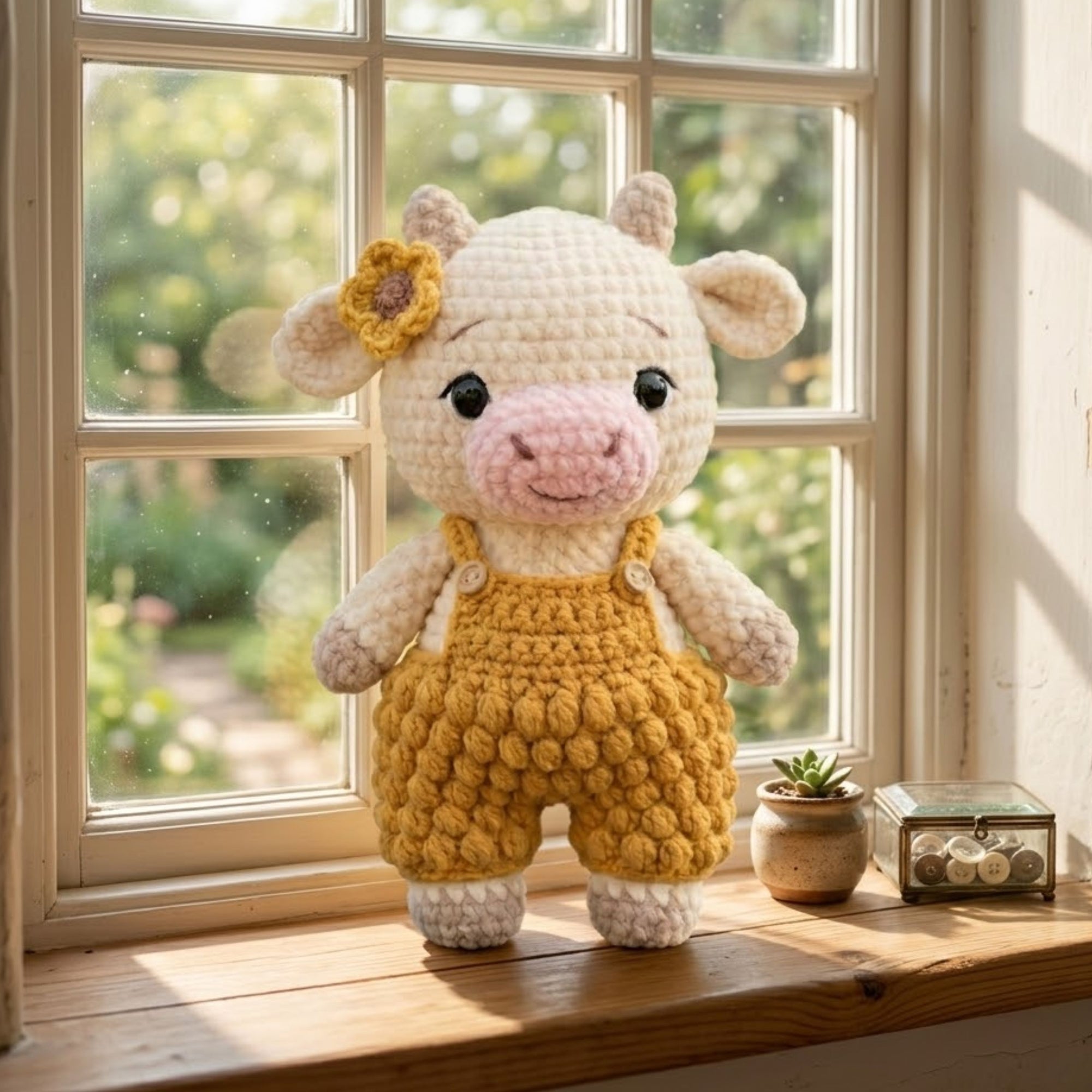 Handmade Crochet Cow Plush, Amigurumi Farm Animal Doll in Mustard Overalls, Soft Yarn Gift Toy for Kids, Nursery, Room Decor