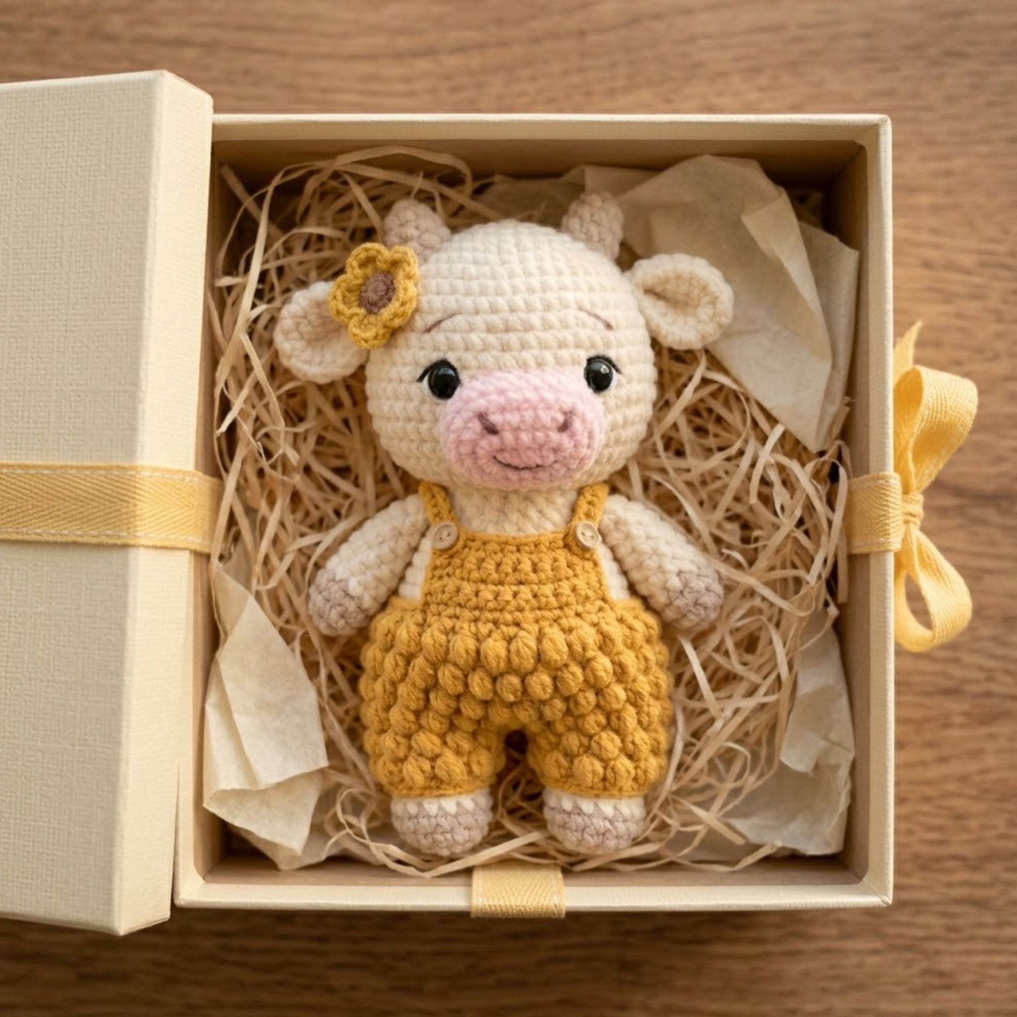 Handmade Crochet Cow Plush, Amigurumi Farm Animal Doll in Mustard Overalls, Soft Yarn Gift Toy for Kids, Nursery, Room Decor