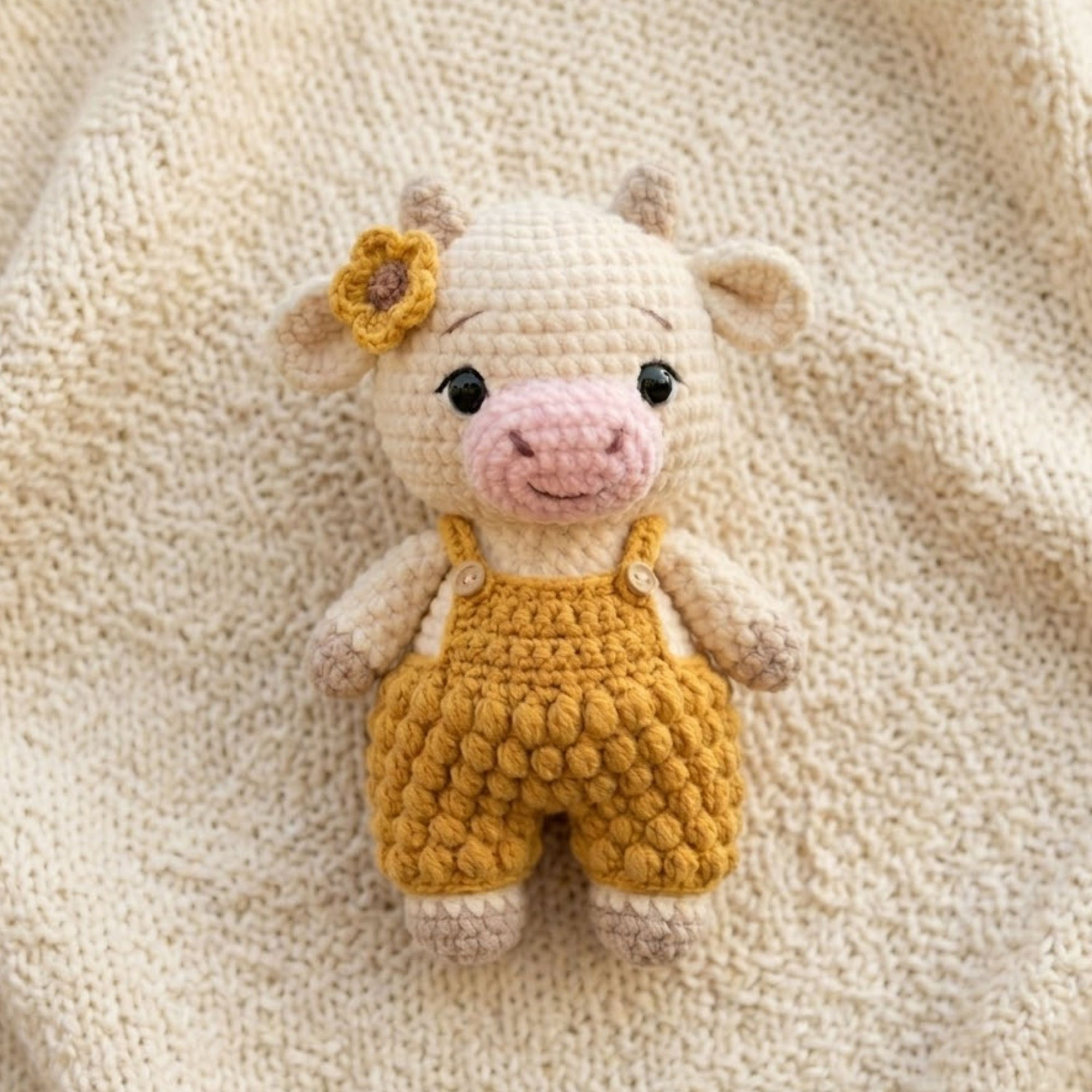 Handmade Crochet Cow Plush, Amigurumi Farm Animal Doll in Mustard Overalls, Soft Yarn Gift Toy for Kids, Nursery, Room Decor