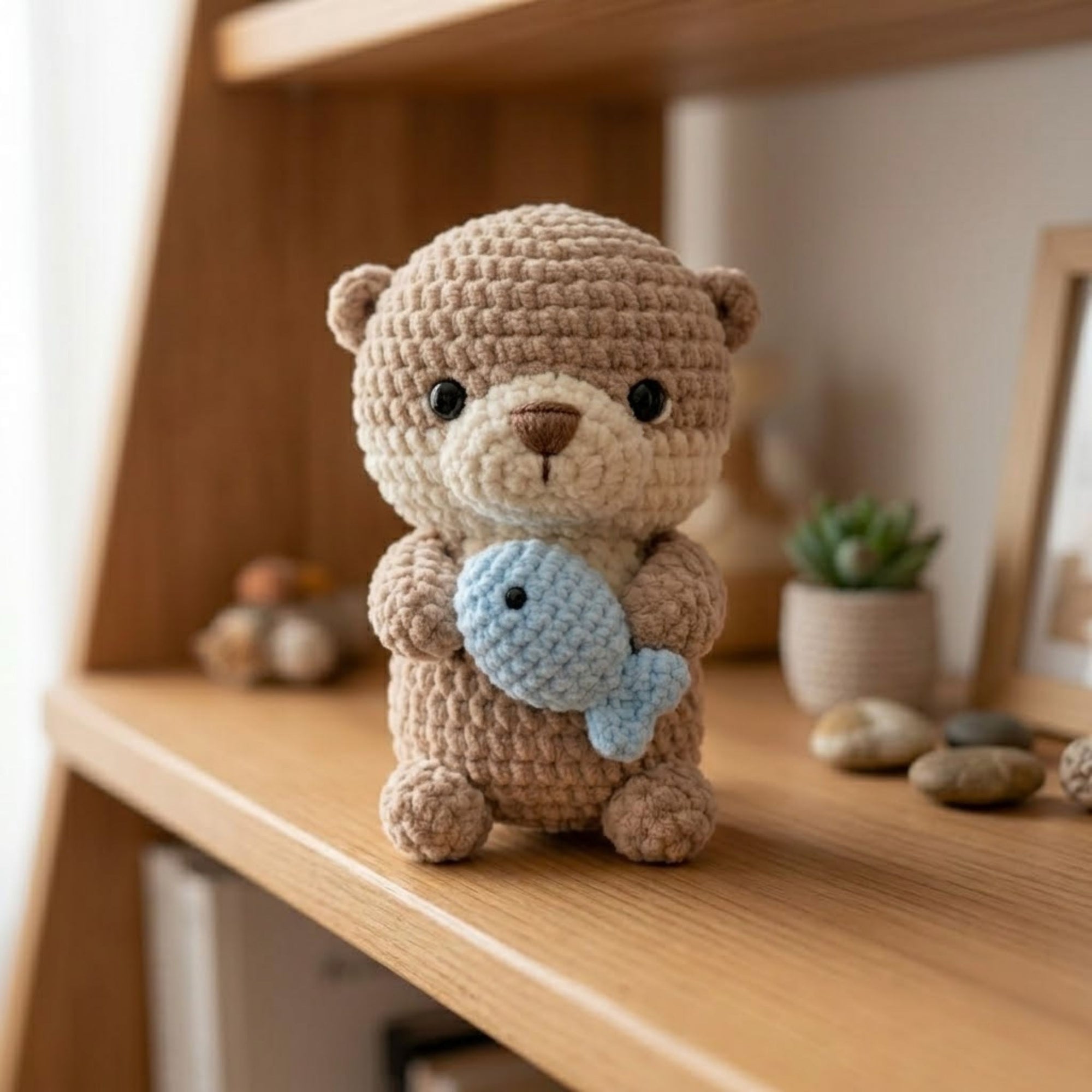 Handmade Crochet Otter Plush, Cute Amigurumi Sea Animal Doll with Blue Fish, Soft Yarn Gift Toy for Kids, Nursery, Room Decor