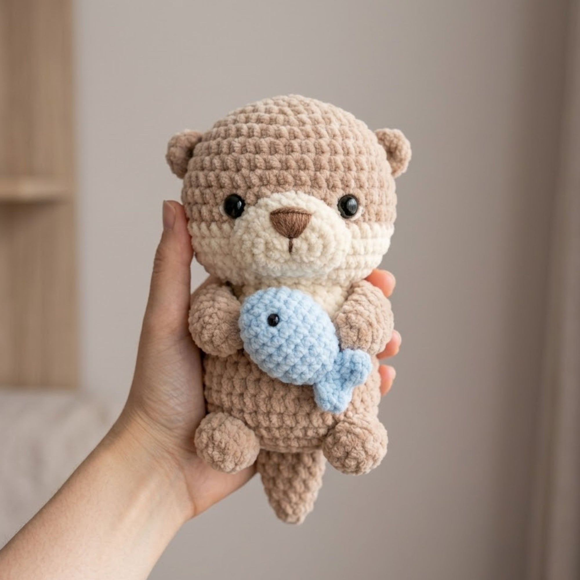 Handmade Crochet Otter Plush, Cute Amigurumi Sea Animal Doll with Blue Fish, Soft Yarn Gift Toy for Kids, Nursery, Room Decor