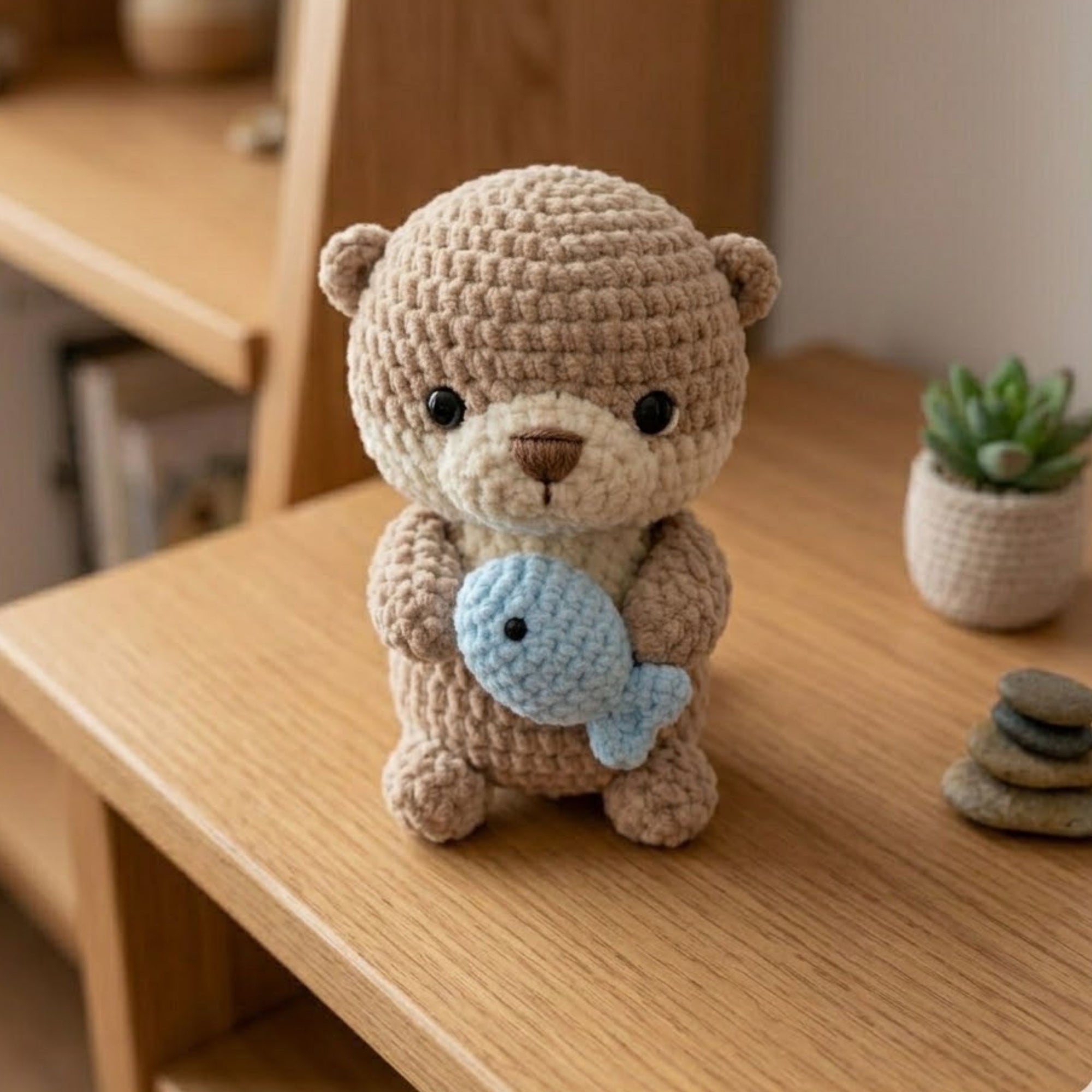 Handmade Crochet Otter Plush, Cute Amigurumi Sea Animal Doll with Blue Fish, Soft Yarn Gift Toy for Kids, Nursery, Room Decor