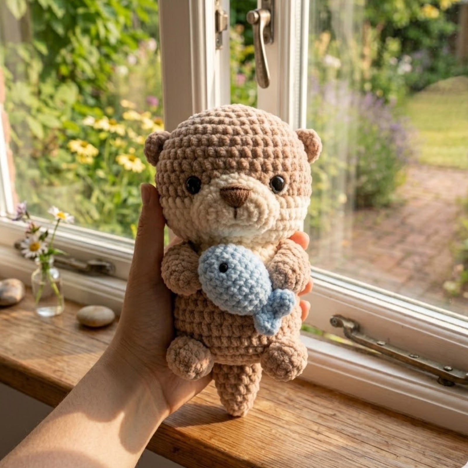 Handmade Crochet Otter Plush, Cute Amigurumi Sea Animal Doll with Blue Fish, Soft Yarn Gift Toy for Kids, Nursery, Room Decor