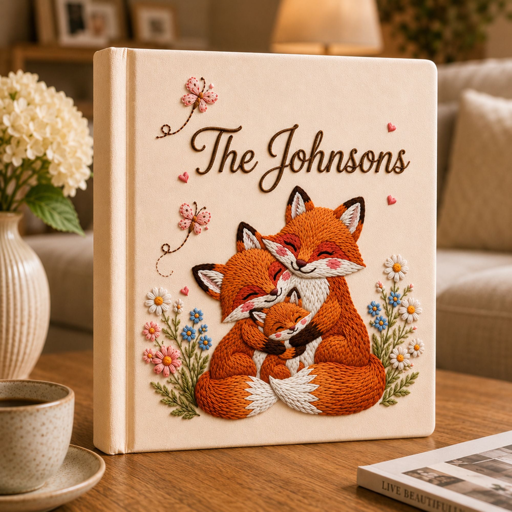 Custom Embroidered Fox Family Photo Album, Personalized Woodland Animal Memory Book Family Keepsake, Anniversary Gift Family Scrapbook