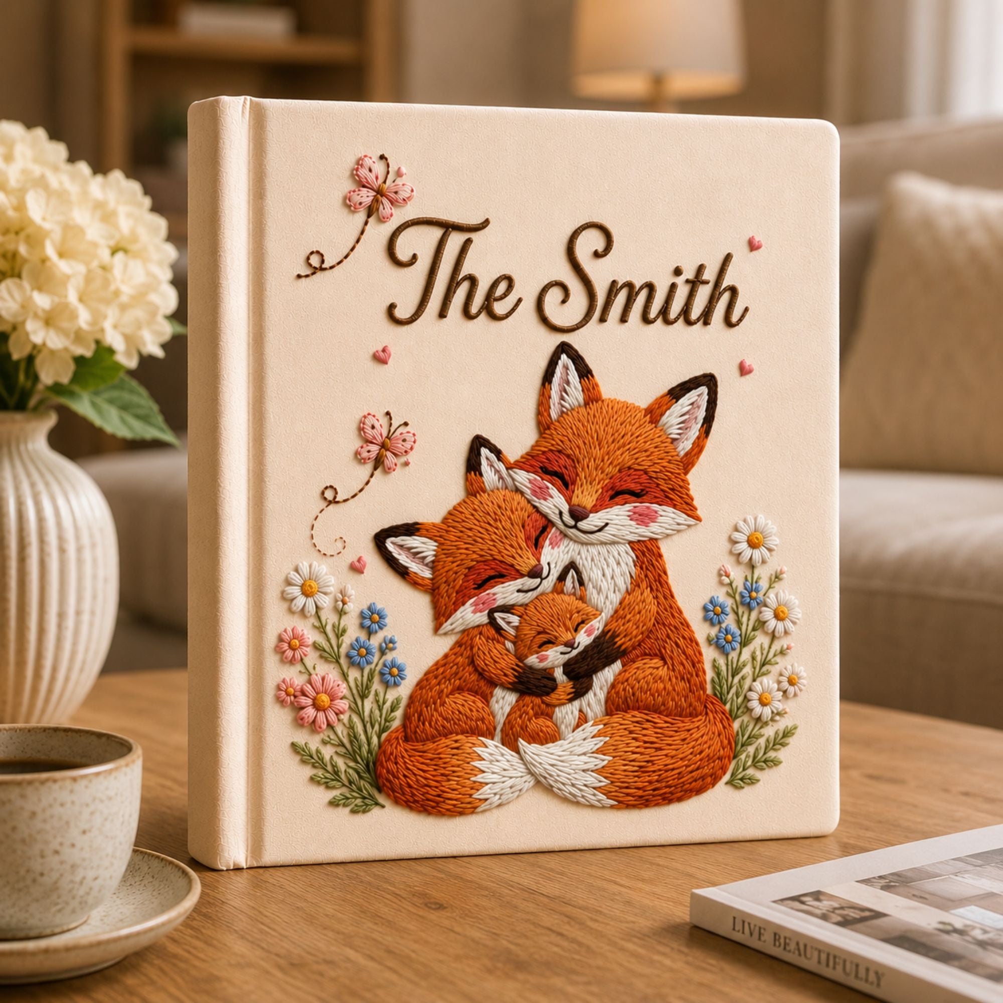 Custom Embroidered Fox Family Photo Album, Personalized Woodland Animal Memory Book Family Keepsake, Anniversary Gift Family Scrapbook