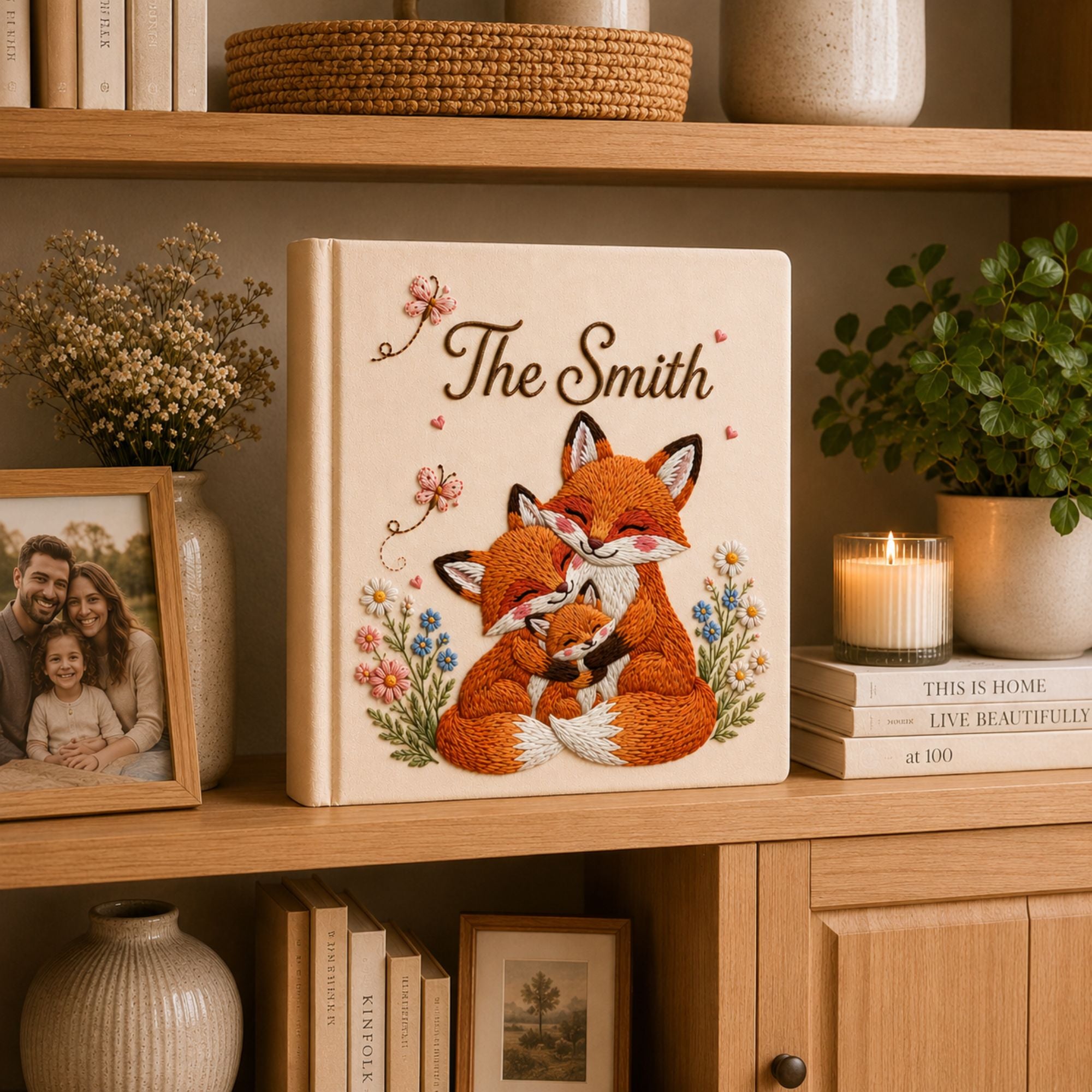Custom Embroidered Fox Family Photo Album, Personalized Woodland Animal Memory Book Family Keepsake, Anniversary Gift Family Scrapbook