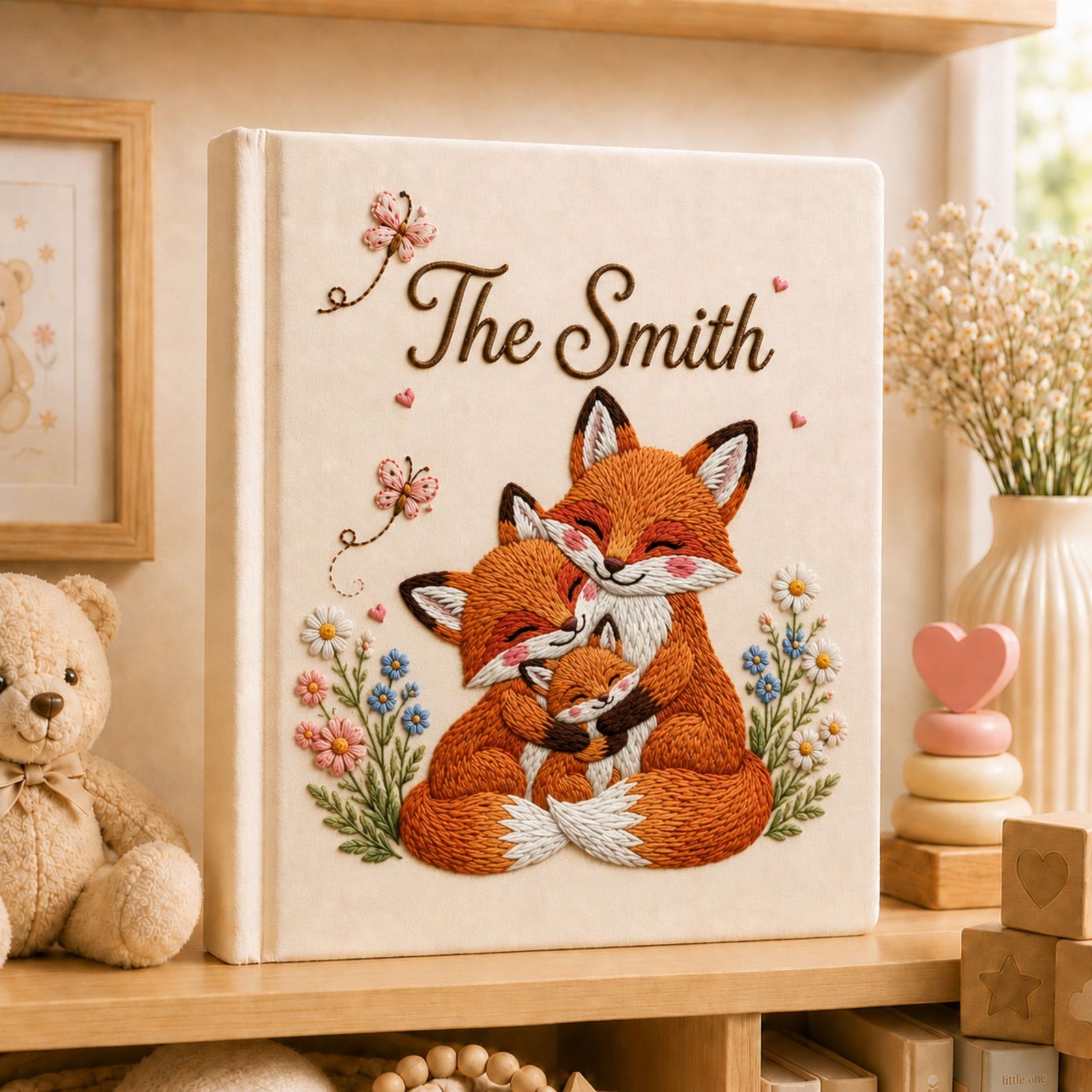 Custom Embroidered Fox Family Photo Album, Personalized Woodland Animal Memory Book Family Keepsake, Anniversary Gift Family Scrapbook