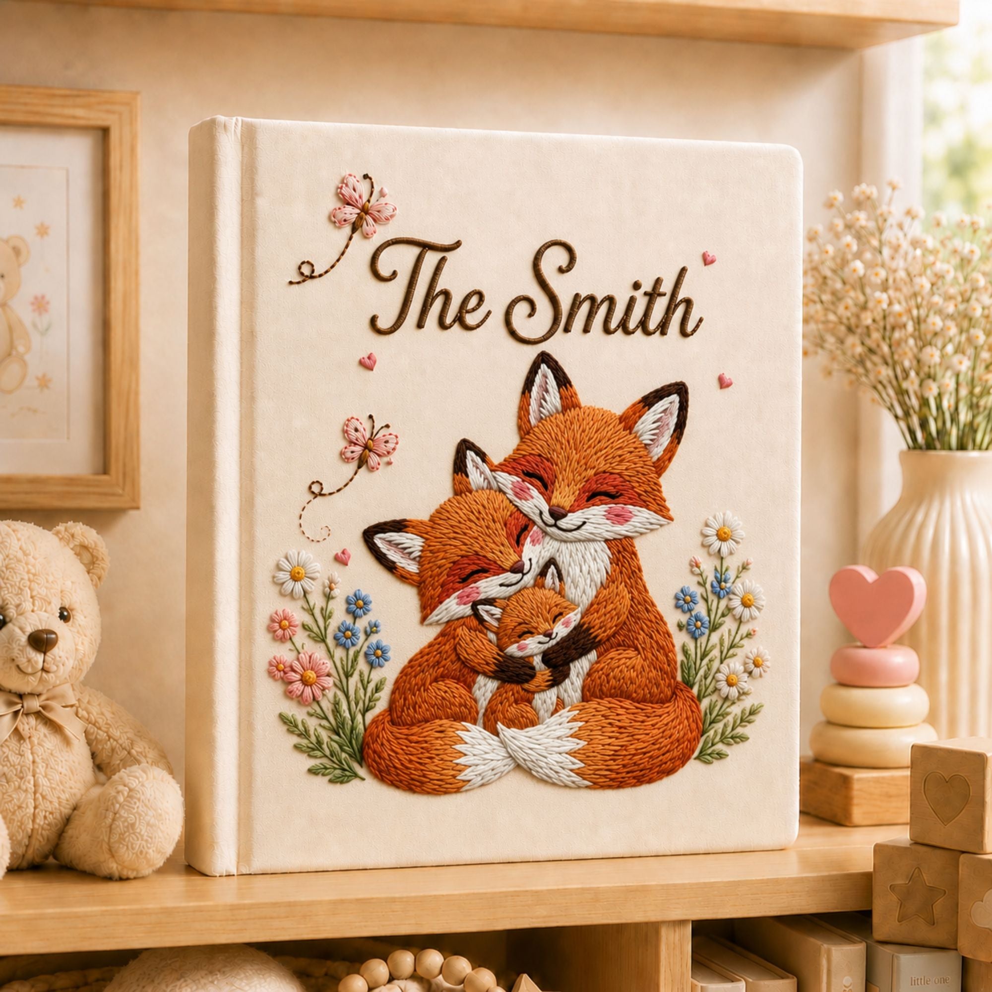Custom Embroidered Fox Family Photo Album, Personalized Woodland Animal Memory Book Family Keepsake, Anniversary Gift Family Scrapbook