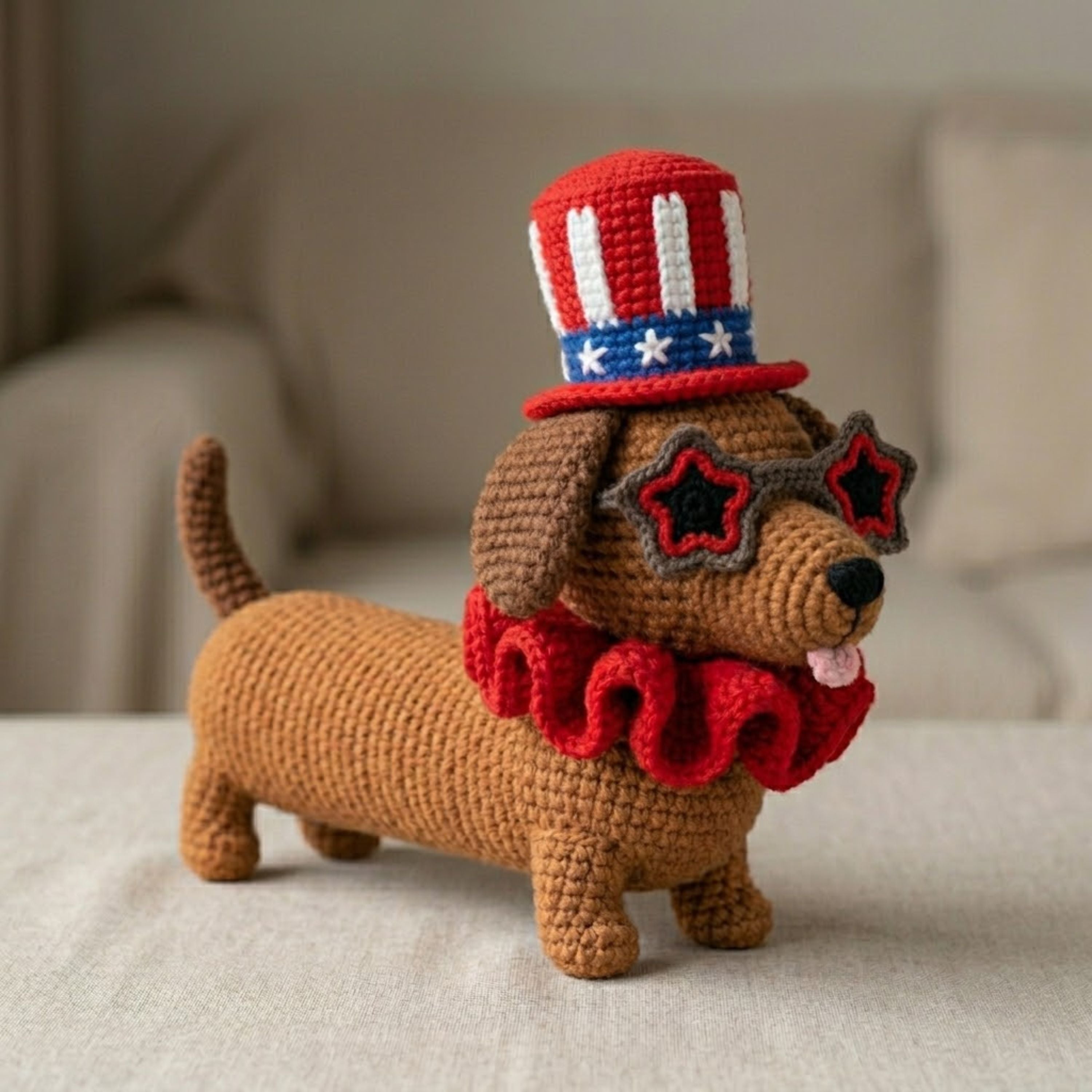 4th of July Crochet Dachshund Plush, Patriotic Amigurumi Dog Doll with Hat and Glasses, Handmade Yarn Gift Toy Decor