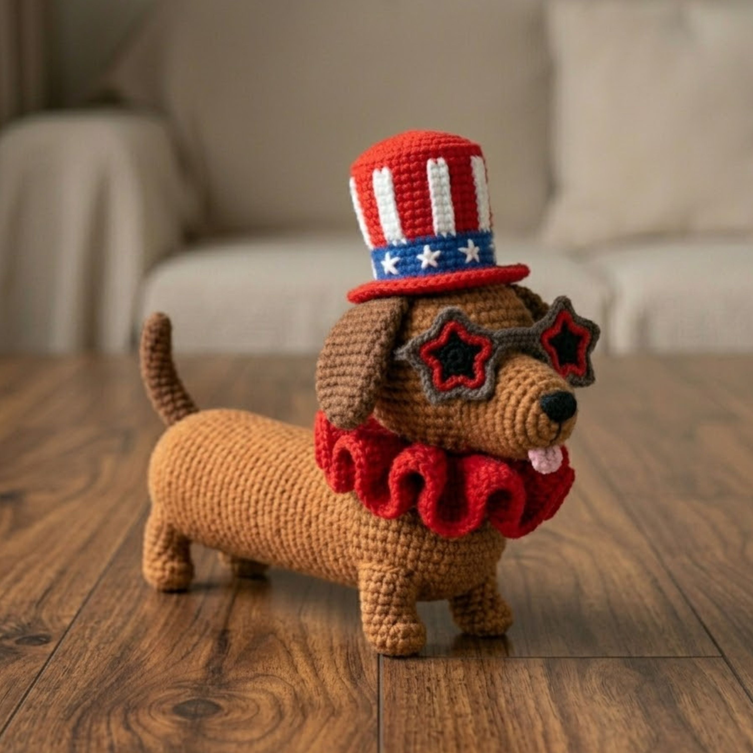 4th of July Crochet Dachshund Plush, Patriotic Amigurumi Dog Doll with Hat and Glasses, Handmade Yarn Gift Toy Decor