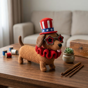 4th of July Crochet Dachshund Plush, Patriotic Amigurumi Dog Doll with Hat and Glasses, Handmade Yarn Gift Toy Decor