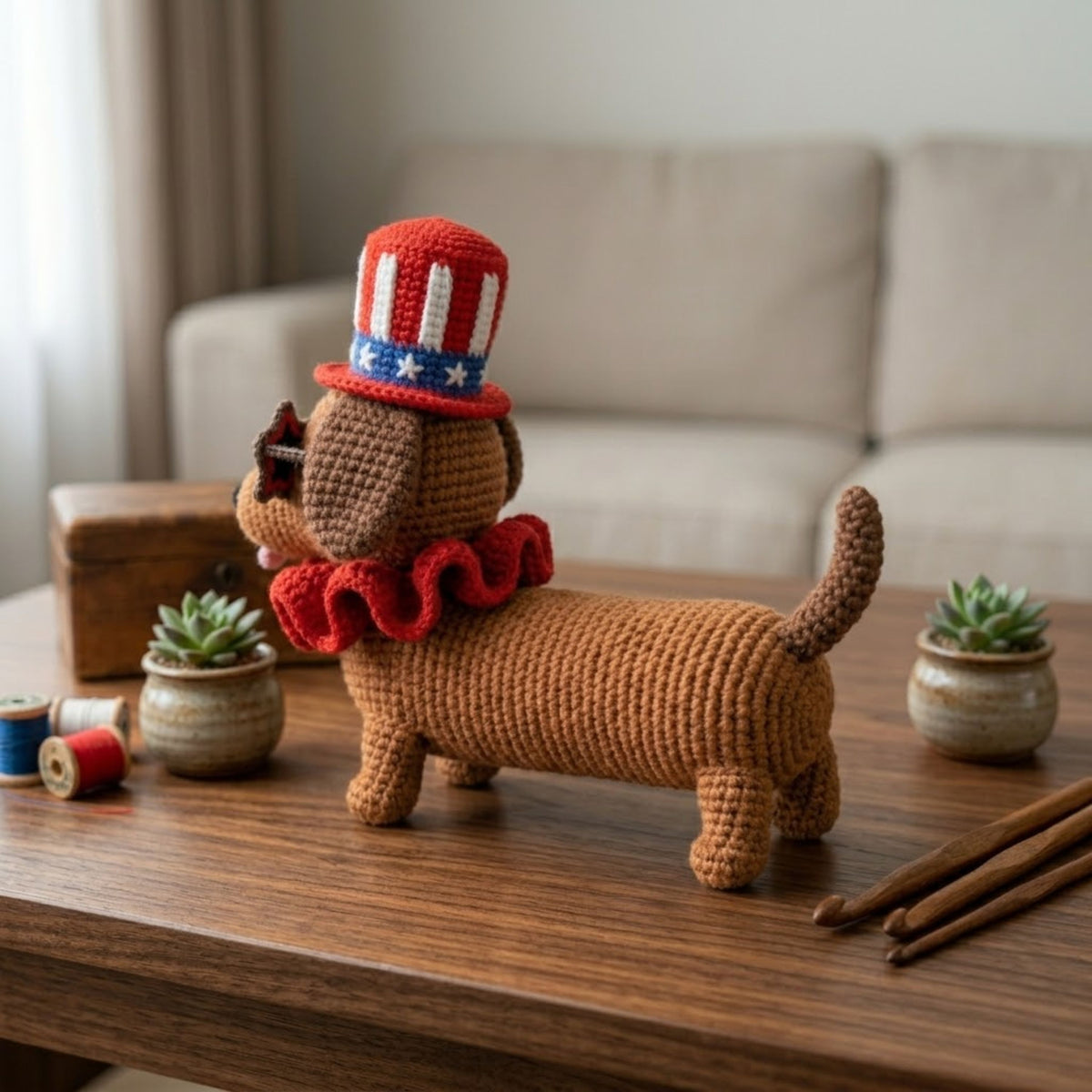 4th of July Crochet Dachshund Plush, Patriotic Amigurumi Dog Doll with Hat and Glasses, Handmade Yarn Gift Toy Decor