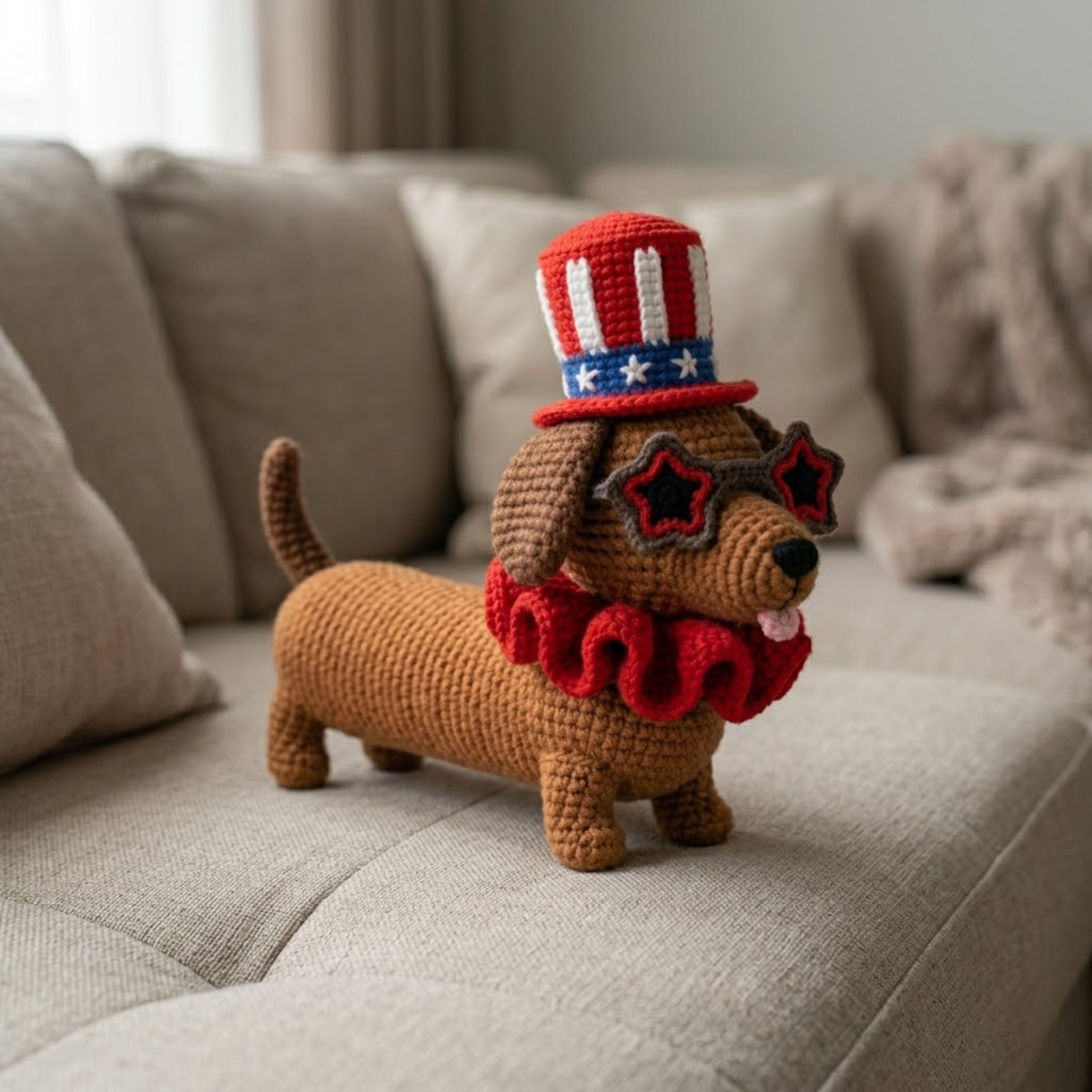 4th of July Crochet Dachshund Plush, Patriotic Amigurumi Dog Doll with Hat and Glasses, Handmade Yarn Gift Toy Decor