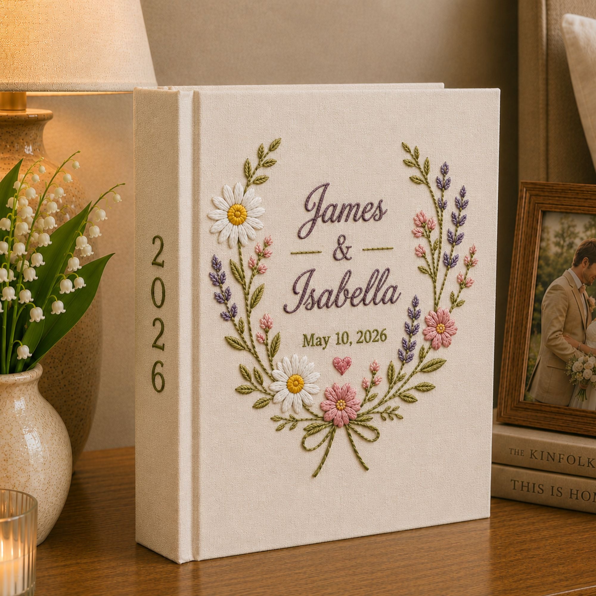 Custom Hand Embroidered Floral Wedding Photo Album, Personalized Wedding Memory Book, Linen Album Anniversary Gift, Bridal Shower Gift