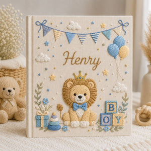 Custom Hand Embroidered Baby Photo Album, Personalized Baby Name Album, Baby Memory Book, Newborn Keepsake Gift, Lion Nursery