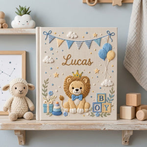 Custom Hand Embroidered Baby Photo Album, Personalized Baby Name Album, Baby Memory Book, Newborn Keepsake Gift, Lion Nursery