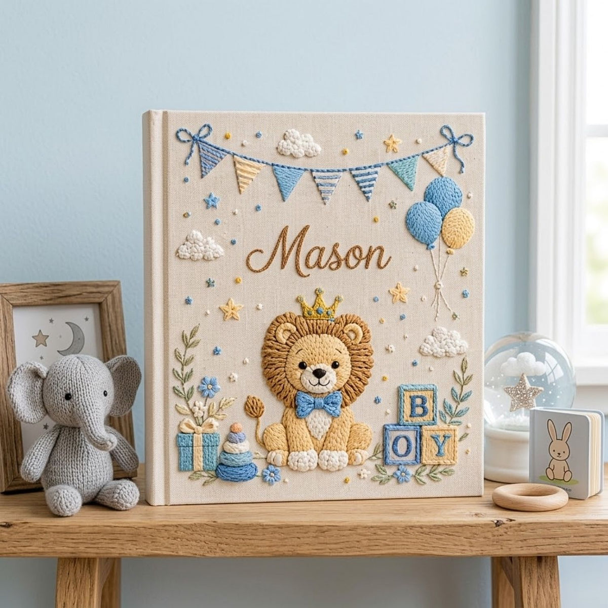 Custom Hand Embroidered Baby Photo Album, Personalized Baby Name Album, Baby Memory Book, Newborn Keepsake Gift, Lion Nursery