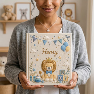 Custom Hand Embroidered Baby Photo Album, Personalized Baby Name Album, Baby Memory Book, Newborn Keepsake Gift, Lion Nursery