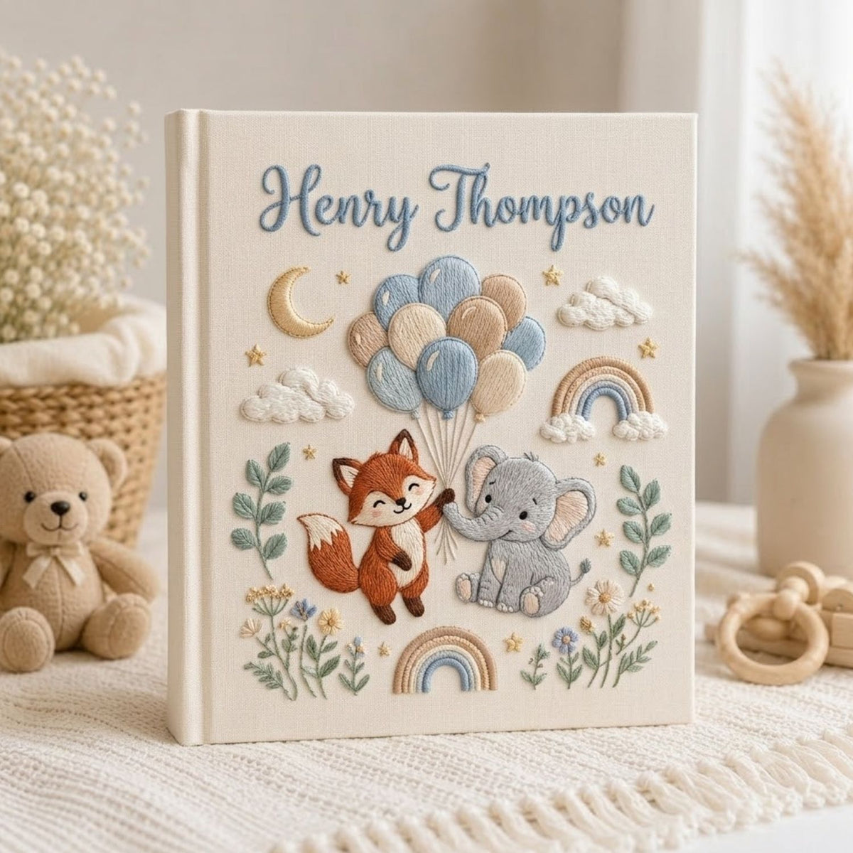 Custom Hand Embroidered Baby Photo Album, Personalized Baby Name Album, Woodland Fox Elephant Memory Book, Newborn Keepsake Gift