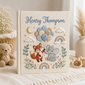 Custom Hand Embroidered Baby Photo Album, Personalized Baby Name Album, Woodland Fox Elephant Memory Book, Newborn Keepsake Gift
