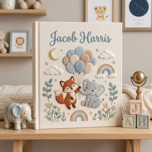 Custom Hand Embroidered Baby Photo Album, Personalized Baby Name Album, Woodland Fox Elephant Memory Book, Newborn Keepsake Gift