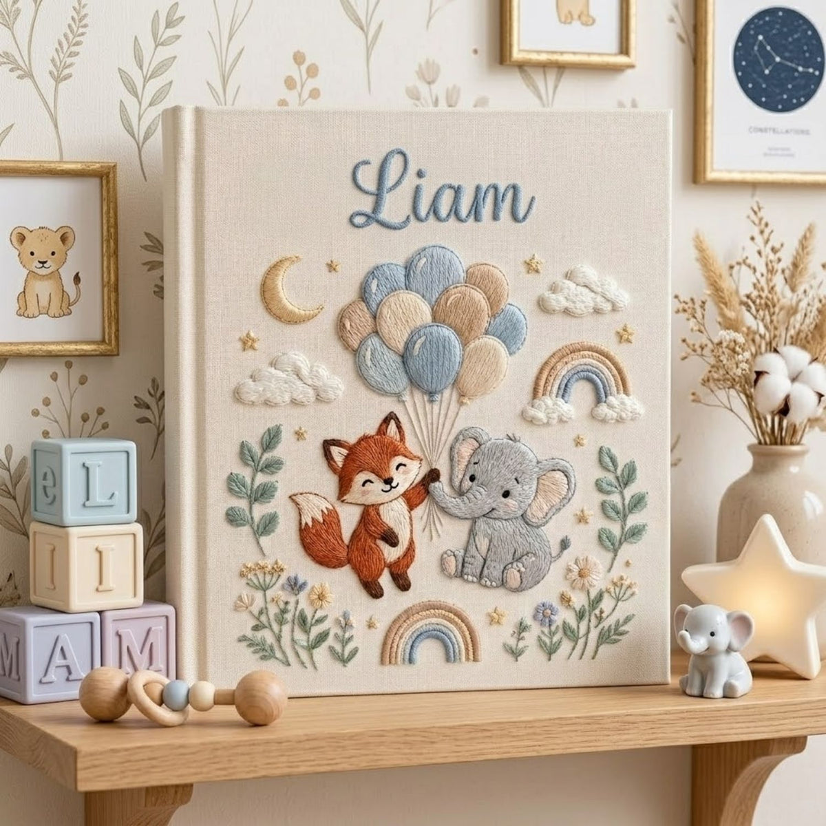 Custom Hand Embroidered Baby Photo Album, Personalized Baby Name Album, Woodland Fox Elephant Memory Book, Newborn Keepsake Gift