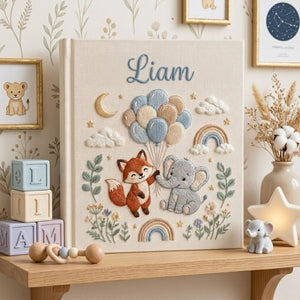 Custom Hand Embroidered Baby Photo Album, Personalized Baby Name Album, Woodland Fox Elephant Memory Book, Newborn Keepsake Gift