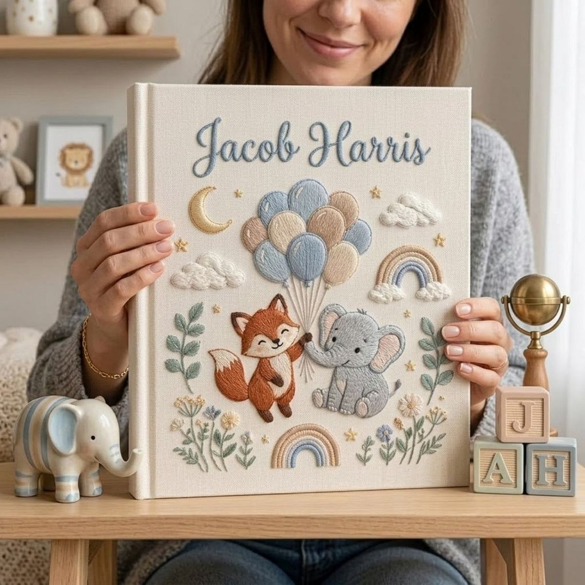 Custom Hand Embroidered Baby Photo Album, Personalized Baby Name Album, Woodland Fox Elephant Memory Book, Newborn Keepsake Gift