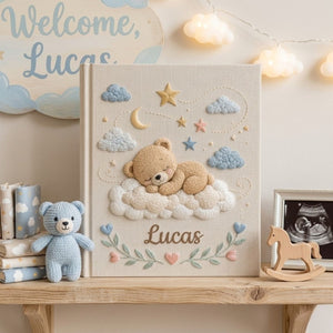 Hand Embroidered Baby Photo Album, Personalized Baby Album, Custom Name Memory Book, Teddy Bear Nursery Keepsake, Newborn Gift