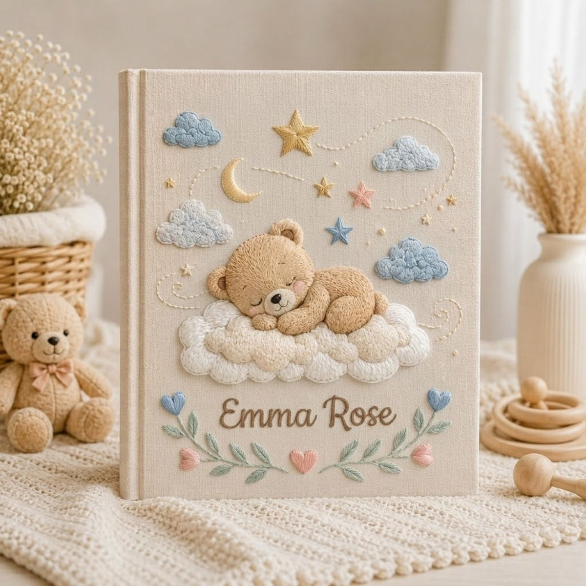 Hand Embroidered Baby Photo Album, Personalized Baby Album, Custom Name Memory Book, Teddy Bear Nursery Keepsake, Newborn Gift