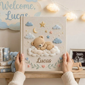 Hand Embroidered Baby Photo Album, Personalized Baby Album, Custom Name Memory Book, Teddy Bear Nursery Keepsake, Newborn Gift
