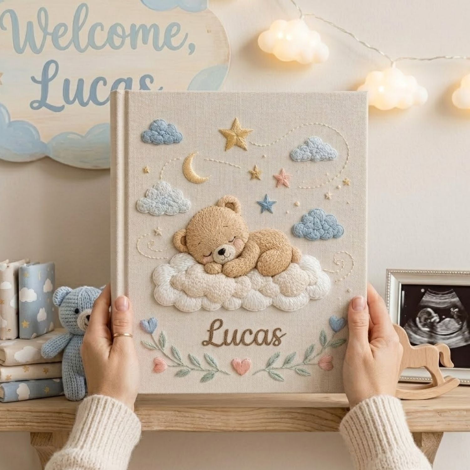 Hand Embroidered Baby Photo Album, Personalized Baby Album, Custom Name Memory Book, Teddy Bear Nursery Keepsake, Newborn Gift