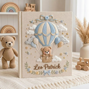 Hand Embroidered Baby Photo Album, Personalized Baby Album, Custom Name Memory Book, Hot Air Balloon Teddy Bear Keepsake Gift