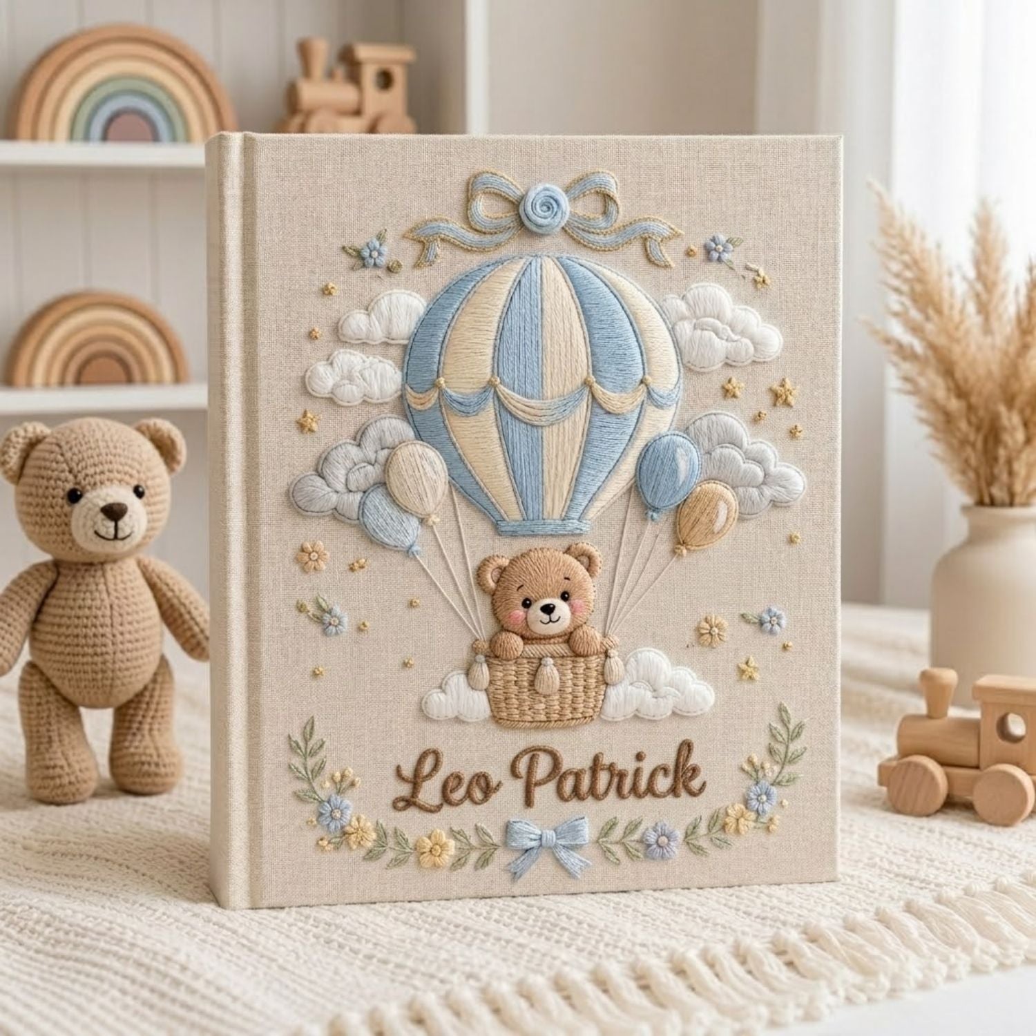 Hand Embroidered Baby Photo Album, Personalized Baby Album, Custom Name Memory Book, Hot Air Balloon Teddy Bear Keepsake Gift