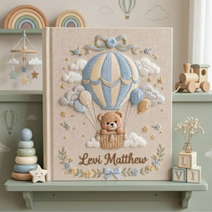 Hand Embroidered Baby Photo Album, Personalized Baby Album, Custom Name Memory Book, Hot Air Balloon Teddy Bear Keepsake Gift