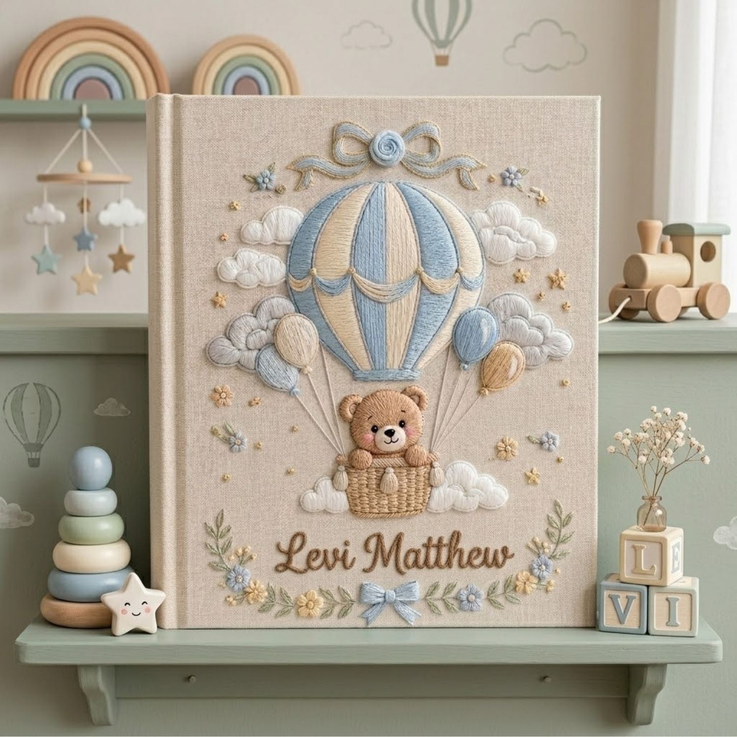Hand Embroidered Baby Photo Album, Personalized Baby Album, Custom Name Memory Book, Hot Air Balloon Teddy Bear Keepsake Gift