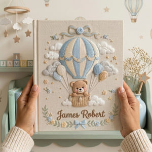 Hand Embroidered Baby Photo Album, Personalized Baby Album, Custom Name Memory Book, Hot Air Balloon Teddy Bear Keepsake Gift